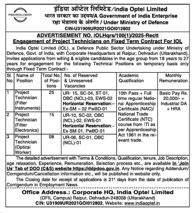 India Optel Limited IOL: Apply Online Form for Project Technician 48 Post